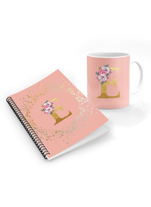 Printed Coffee Mug + A5 Spiral Notebook Memo Personalised Combo Gift Set Custom Monogram Initial Letter Floral Pattern Alphabet - E  (Rose Pink )