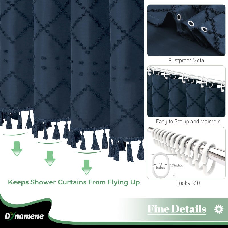 Dynamene Stall Fabric Shower Curtain  54x78 Inch Boho Tufted Geometric Striped Shower Curtains for Bathroom  Modern Farmhouse Tassel Shower Curtain Set with 10 Hooks  Machine Washable  Navy Blue - Image 4