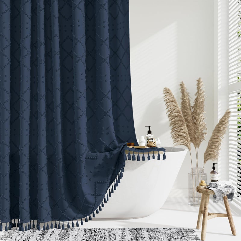 Dynamene Stall Fabric Shower Curtain  54x78 Inch Boho Tufted Geometric Striped Shower Curtains for Bathroom  Modern Farmhouse Tassel Shower Curtain Set with 10 Hooks  Machine Washable  Navy Blue - Image 1