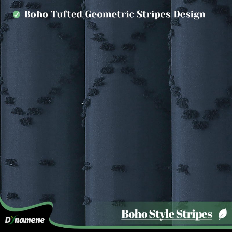 Dynamene Stall Fabric Shower Curtain  54x78 Inch Boho Tufted Geometric Striped Shower Curtains for Bathroom  Modern Farmhouse Tassel Shower Curtain Set with 10 Hooks  Machine Washable  Navy Blue - Image 2