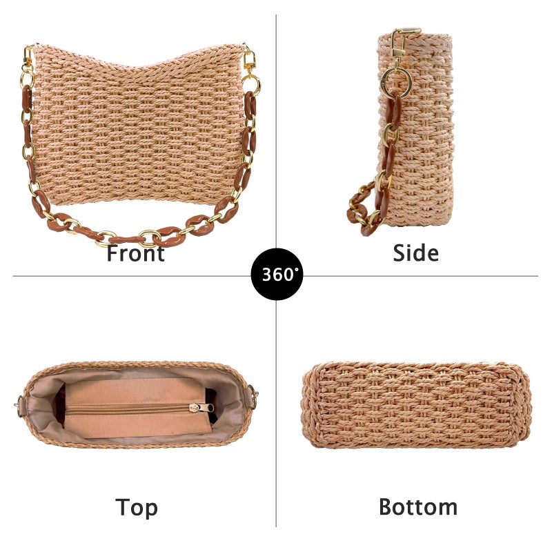 Beurlike Small Straw Handbags for Women Crossbody Pocketbooks Woven Shoulder Purses Beach Tote Bag for Summer Vacation with Chain(Kahki) - Image 5
