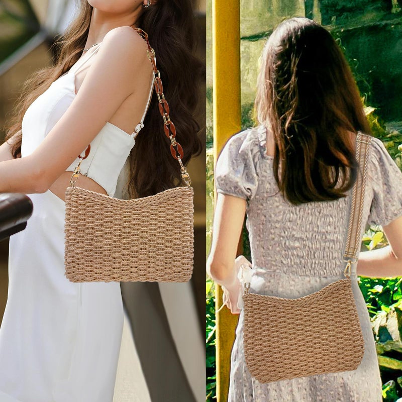 Beurlike Small Straw Handbags for Women Crossbody Pocketbooks Woven Shoulder Purses Beach Tote Bag for Summer Vacation with Chain(Kahki) - Image 2
