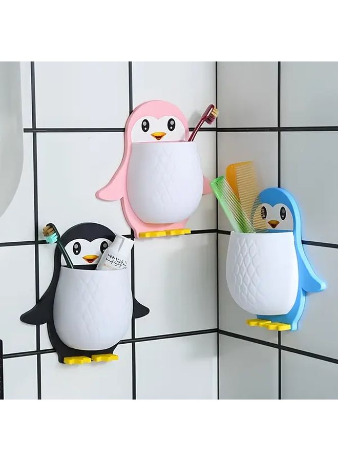 Black And White Creative Penguin Toothbrush Holder No Drill Wall Mount - Image 1