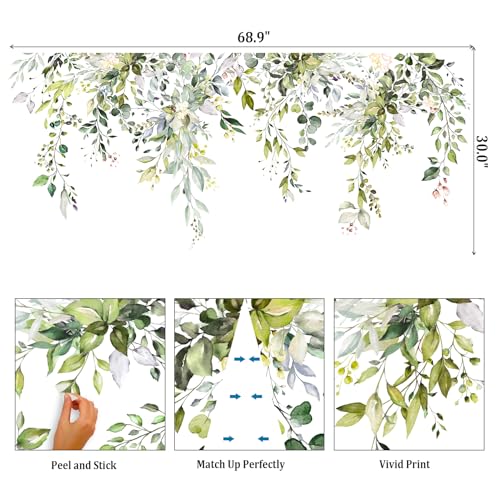 VePret Green Plants Leaves Wall Decals Peel and Stick, Large Floral Flowers Wall Stickers, Removable Vine Home Decor Art for Bedroom Living Room Classroom Office - Image 2