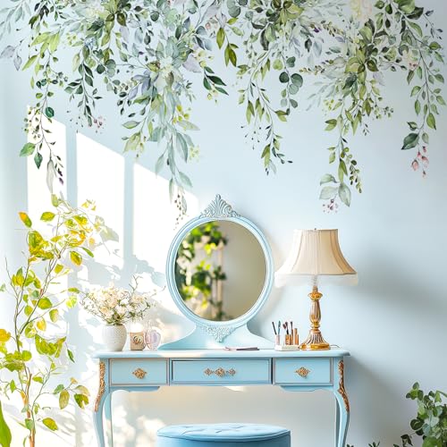 VePret Green Plants Leaves Wall Decals Peel and Stick, Large Floral Flowers Wall Stickers, Removable Vine Home Decor Art for Bedroom Living Room Classroom Office - Image 1