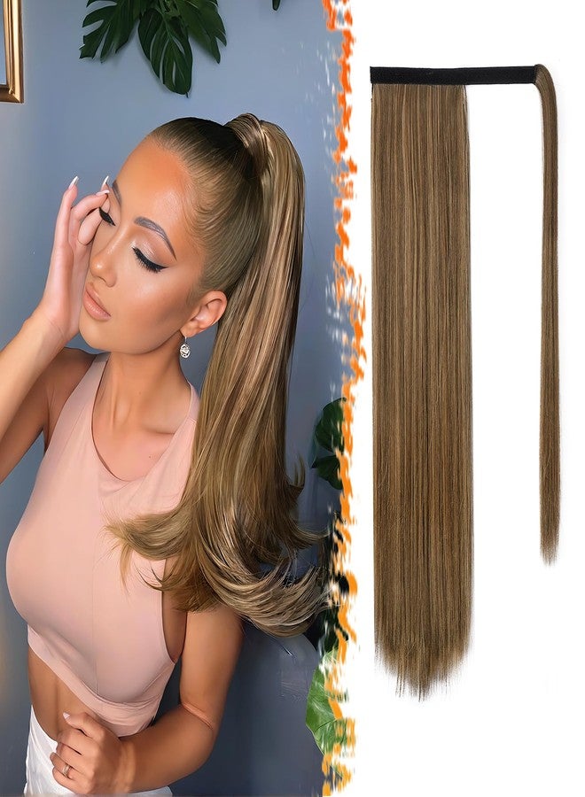 بارسدار وصلات شعر بارسدار على شكل ذيل حصان مستقيم ملفوف - ذيل حصان مستقيم بطول 18 بوصة للنساء، وصلات شعر ذيل حصان بمشابك، قطع شعر ذيل حصان صناعية - بني مع أشقر عسلي - Image 1