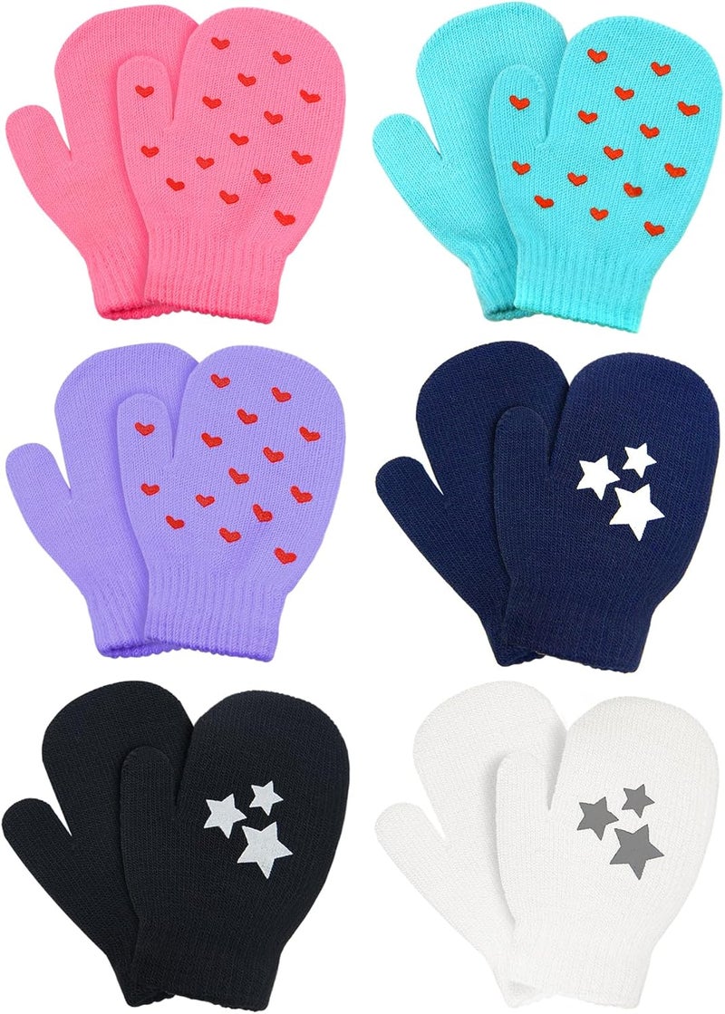 MENOLY 6 Pairs Toddler Magic Stretch Mittens Winter Warm Kids Knit Gloves for Little Girls Boys - Image 1