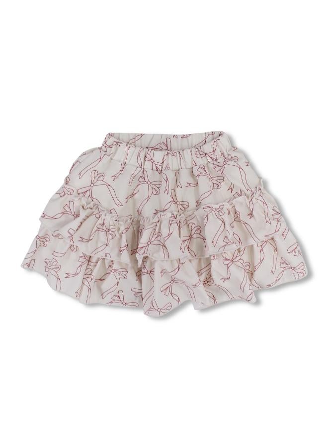 Pompelo Girls Cotton Ruffled Skirt – Off-white with Cute Bows Print - Image 1
