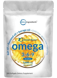 Micro Ingredients Omega 3-6-9, Lemon Flavor, 3600mg, 300 Softgels  - Image 1