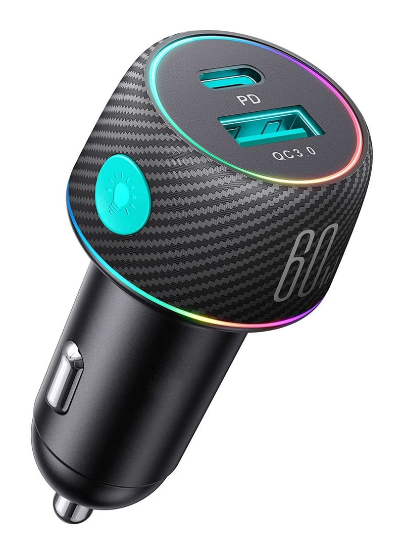 Y&D USB C Car Charger, 60W 2-Port Super Fast Charger Adapter, PD 30W & QC PPS 25W for iPhone 14/13/12, iPad Pro, Samsung Galaxy S22/21/Pixel 7/Moto/LG,7 Color Modes  - Image 1
