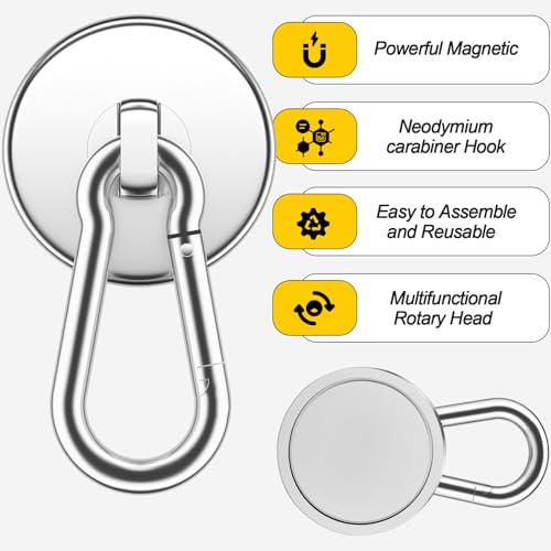 Grtard 110LBS Magnetic Hooks with Swivel Carabiner, 6 Pack Neodymium Magnet Hooks Heavy Duty, Strong Magnetic Hooks for Hanging, Magnet with Hook for Outdoor, Garage, Warehouse, Home - Image 4