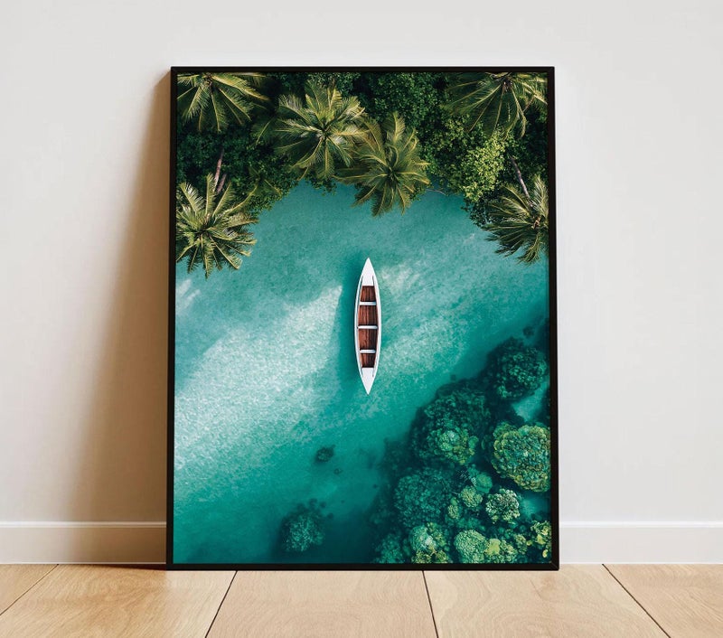 TNESSENTIAL Tropical Beach Photography Wall Art Vibrant Blue Ocean Beach Lover Poster Maldives Aerial Island Art Peaceful Palm Trees Coastal Print - Image 1