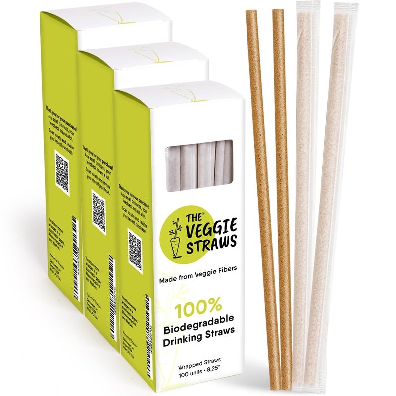 The Veggie Straws The Veggie Straws  300 PCS of 825 Inches Individually Wrapped Biodegradable Straws  Made of Vegetable Fibers Best Environment Friendly Drinking Straws for Hot and Cold Beverages 