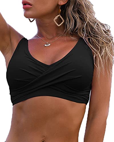 Fanuerg Women's Twist Front Bikini Top Bathing Suit V Neck Push Up Padded Swimsuit Top Bathing Suits Black L - Image 4