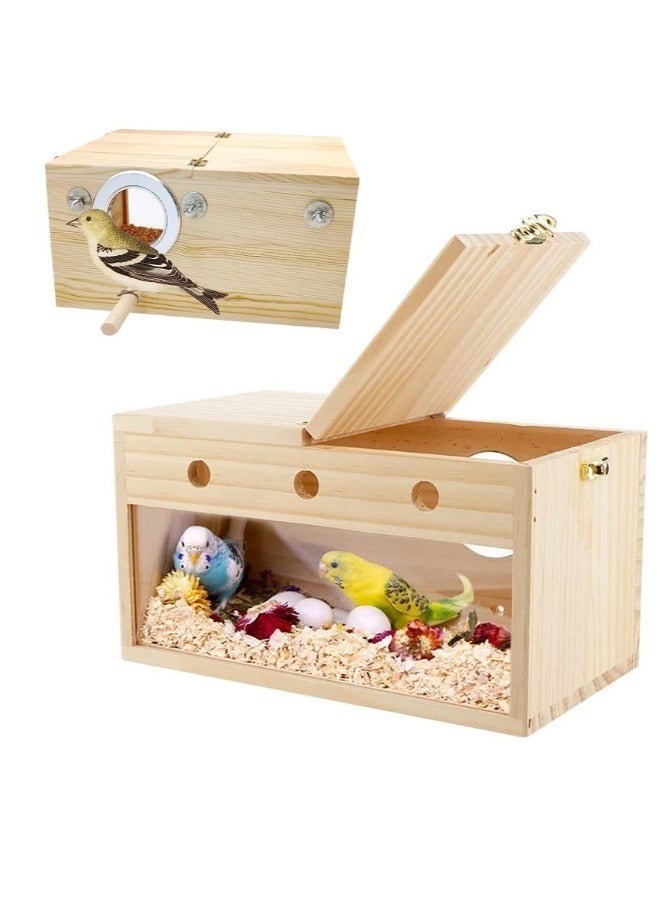 صندوق عش طيور الببغاء الخشبي الشفاف مع قفص خشبي للطيور مكان مريح لتربية الطيور مثل البادجي، والطيور المحبة، والكوكاتيل، والكونور، والفيتش، والببغاء، مناسب للطيور الصغيرة إلى المتوسطة. - Image 1