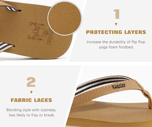 KuaiLu Womens Arch Support Flip Flops Comfortable Yoga Mat Slip on Leather Walking Thong Cushion Sandals Summer Beach Orthotic Slides Travel Essentials Indoor Outdoor Slippers Shoes Khaki Size 9.5 - Image 5