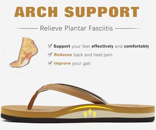 KuaiLu Womens Arch Support Flip Flops Comfortable Yoga Mat Slip on Leather Walking Thong Cushion Sandals Summer Beach Orthotic Slides Travel Essentials Indoor Outdoor Slippers Shoes Khaki Size 9.5 - Image 4