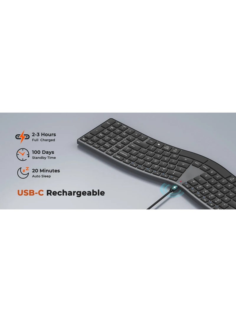 ميشين لوحة مفاتيح MEETION S-Curve المريحة ذات التصميم المنفصل DirectorQ Ergonomics، تصميم منفصل على شكل حرف S، لوحة مفاتيح كاملة الحجم منخفضة الارتفاع، اتصال لاسلكي 2.4 جيجا هرتز وبلوتوث مزدوج، بطارية قابلة للشحن تدوم طويلاً - Image 3