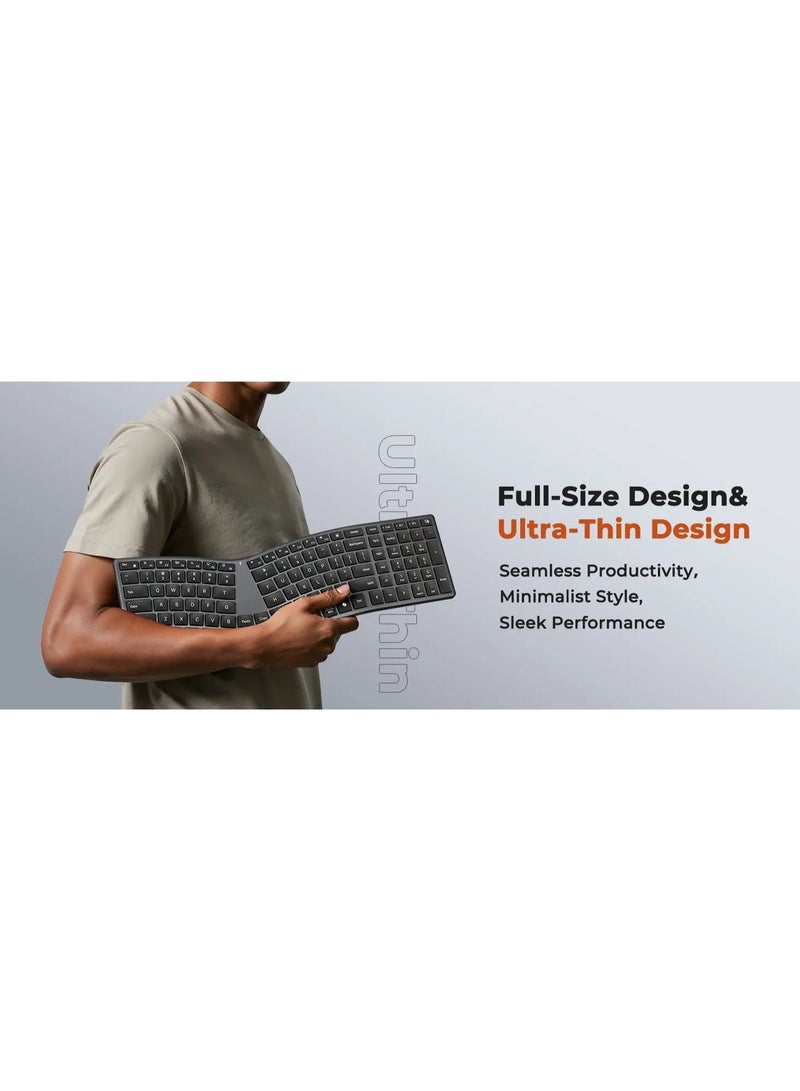 ميشين لوحة مفاتيح MEETION S-Curve المريحة ذات التصميم المنفصل DirectorQ Ergonomics، تصميم منفصل على شكل حرف S، لوحة مفاتيح كاملة الحجم منخفضة الارتفاع، اتصال لاسلكي 2.4 جيجا هرتز وبلوتوث مزدوج، بطارية قابلة للشحن تدوم طويلاً - Image 4