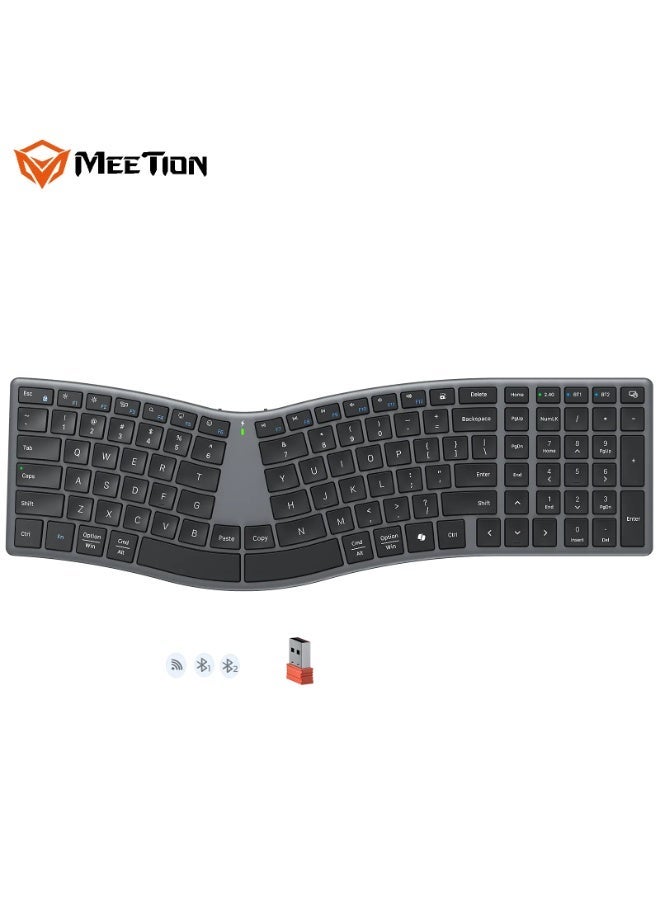 ميشين لوحة مفاتيح MEETION S-Curve المريحة ذات التصميم المنفصل DirectorQ Ergonomics، تصميم منفصل على شكل حرف S، لوحة مفاتيح كاملة الحجم منخفضة الارتفاع، اتصال لاسلكي 2.4 جيجا هرتز وبلوتوث مزدوج، بطارية قابلة للشحن تدوم طويلاً - Image 1