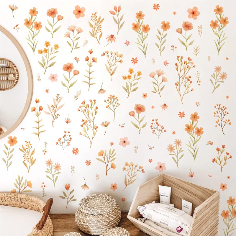 Kazova Boho Small Flower Wall Stickers Watercolor Small Floral Wall Decals Peel and Stick Cute Botanical Wildflower Wall Decals Cute Flower Wall Stickers for Girls Room Bedroom Nursery Decor - Image 1