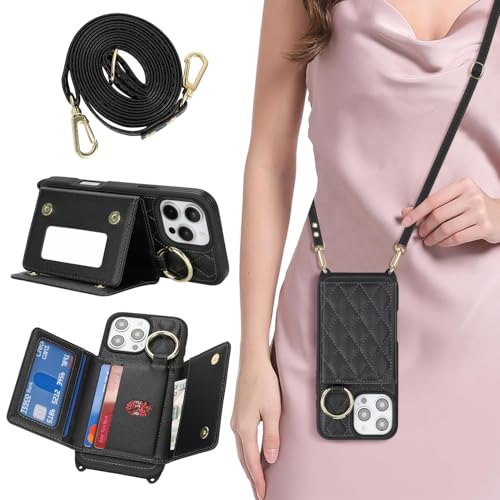 DEYHU for iPhone 16 Pro Max Case with Card Holder and Strap for Women,Crossbody Lanyard, Make Up Mirror,Ring Stand,Snap Clasp,Cute Phone Wallet Cases 6.9 inch - Black - Image 1