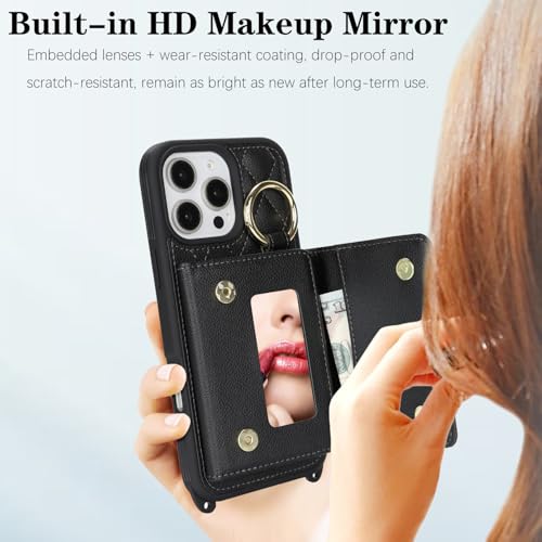 DEYHU for iPhone 16 Pro Max Case with Card Holder and Strap for Women,Crossbody Lanyard, Make Up Mirror,Ring Stand,Snap Clasp,Cute Phone Wallet Cases 6.9 inch - Black - Image 5