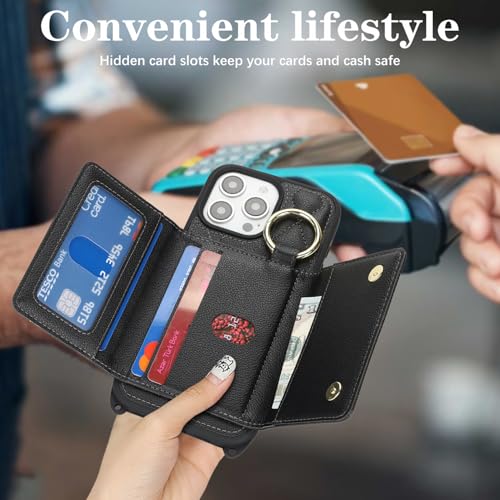 DEYHU for iPhone 16 Pro Max Case with Card Holder and Strap for Women,Crossbody Lanyard, Make Up Mirror,Ring Stand,Snap Clasp,Cute Phone Wallet Cases 6.9 inch - Black - Image 3