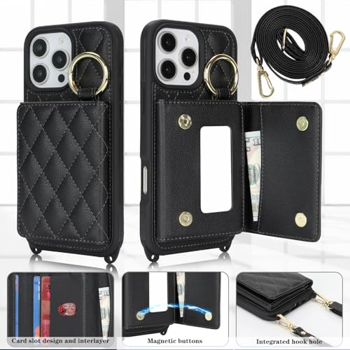 DEYHU for iPhone 16 Pro Max Case with Card Holder and Strap for Women,Crossbody Lanyard, Make Up Mirror,Ring Stand,Snap Clasp,Cute Phone Wallet Cases 6.9 inch - Black - Image 2