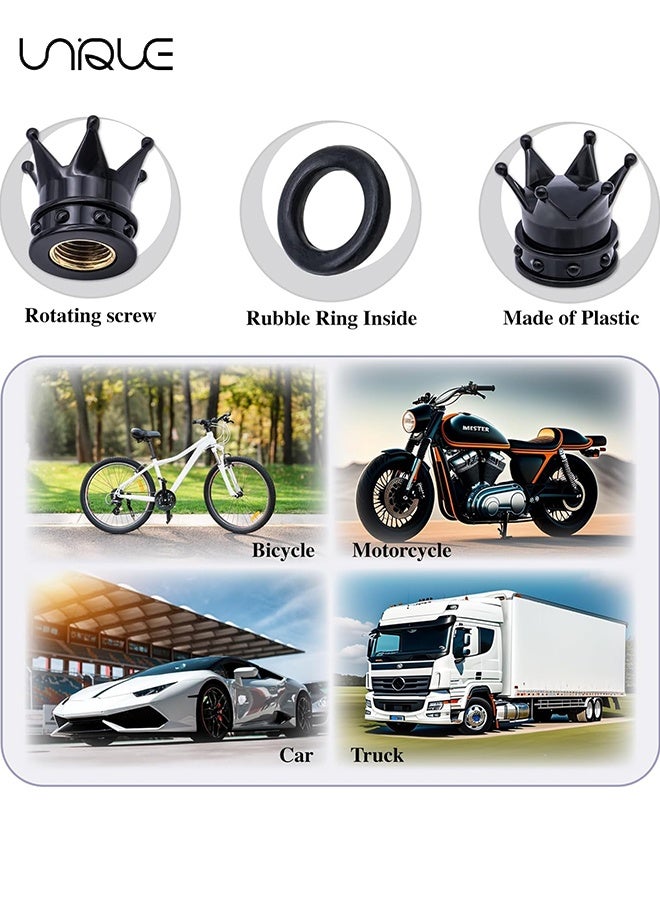 يونيك أغطية صمامات إطارات تاجية 4 قطع - مع حلقة مطاطية O، غطاء صمام هواء الإطار بلاستيكي بنواة نحاسية، للسيارات العامة، الدفع الرباعي، الشاحنات، الدراجات، الدراجات النارية، الدراجات الهوائية (أسود) - Image 3
