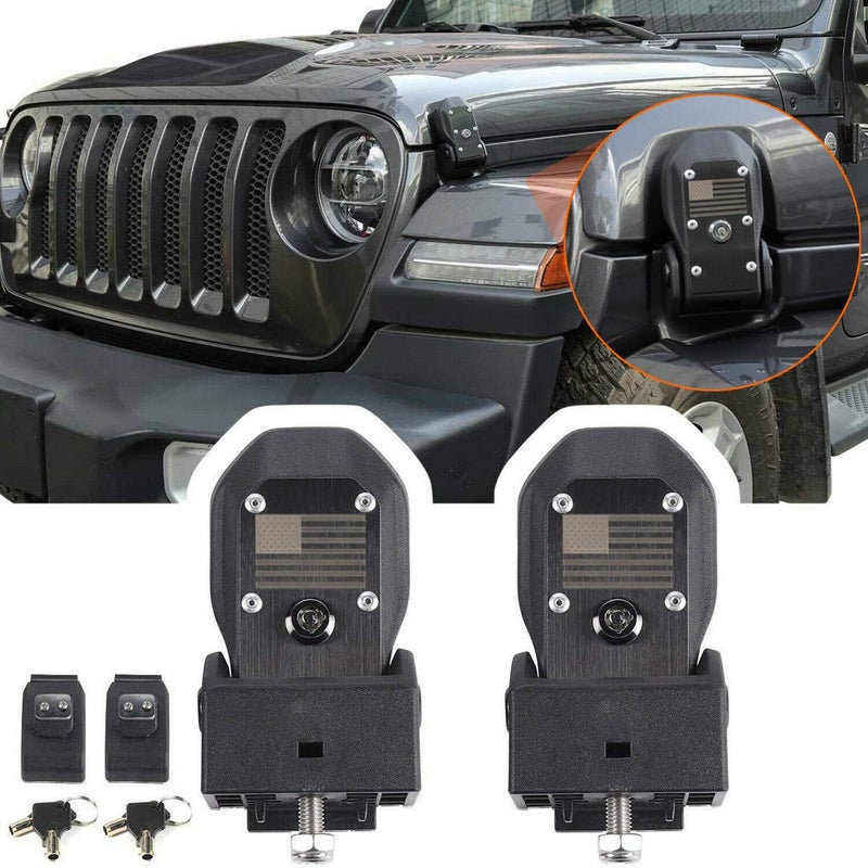 YOCTM Hood Catch Latches For 2018-2021 2022 Jeep Wrangler JL JLU 4XE Rubicon Sahara Sport Gladiator JT Hood Locking Catch Kit With Key Anti-theft (American Flag) - Image 1