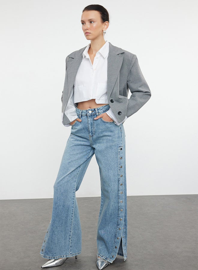 trendyol Blue More Sustainable Accessory Detailed High Waist Wide Leg Jeans - Image 2