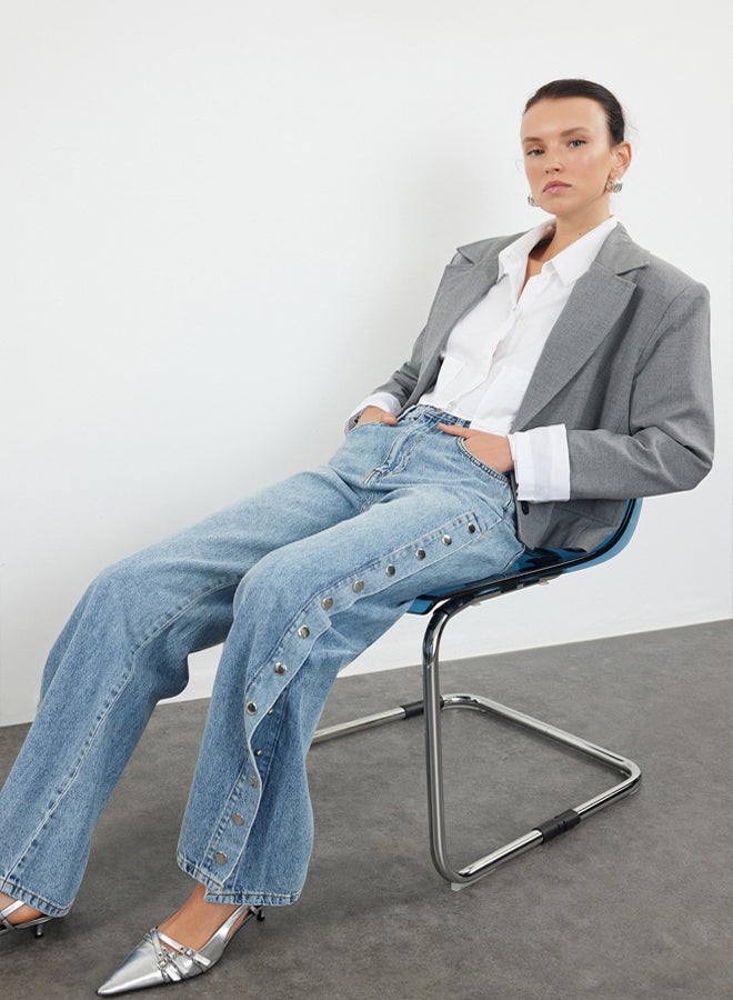 trendyol Blue More Sustainable Accessory Detailed High Waist Wide Leg Jeans - Image 1