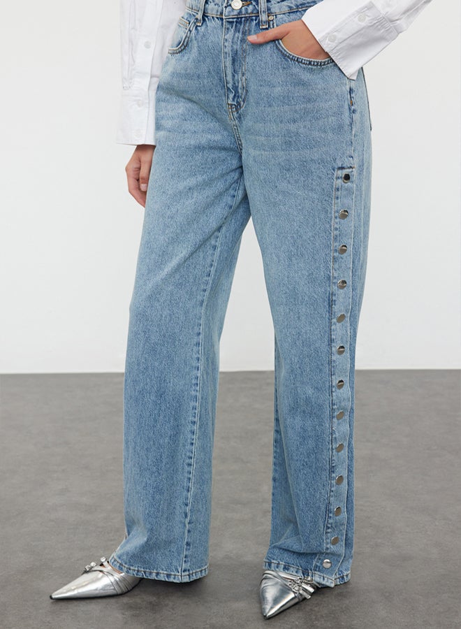 trendyol Blue More Sustainable Accessory Detailed High Waist Wide Leg Jeans - Image 3