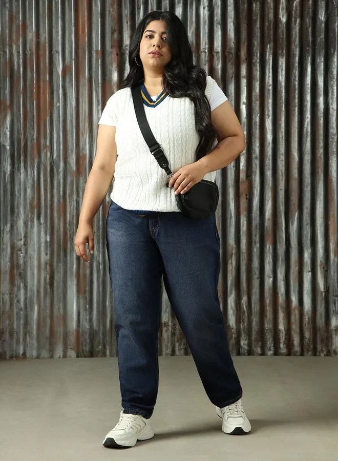 Women'S Blue 100% Cotton Washed Regular Length Mom Fit Jeans