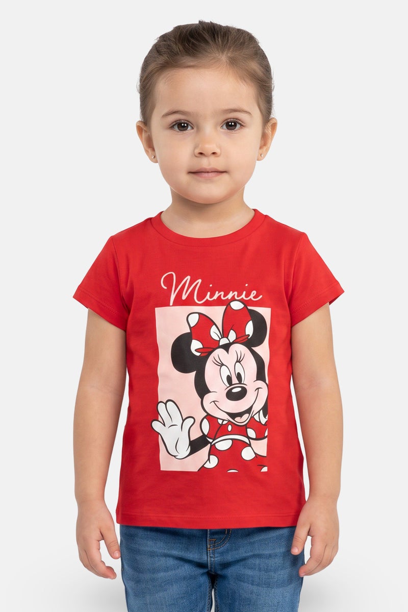 Disney Toddlers Girl Crew Neck Short Sleeve Mickey Minnie Print T-Shirt, Red - Image 1