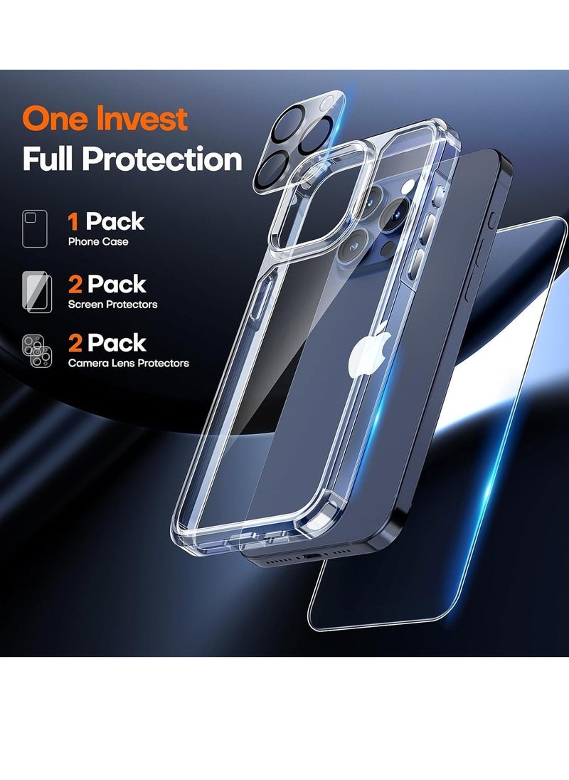 JAJEEK iPhone 15 Pro Max Case, [5 in 1] 1X Clear Case [Not-Yellowing] with 2X Tempered Glass Screen Protector + 2X Camera Lens Protector, [Militarized Drop Defense] Slim Phone Case 6.7 inch, Clear - Image 2