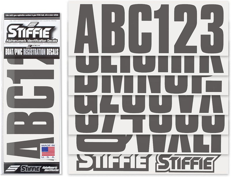 Stiffie ملصقات وأرقام تعريف تسجيل أبجدية رقمية مقاس 3 بوصات من Stiffie UNILINE للقوارب والمركبات المائية الشخصية (معدن البندقية) - Image 2