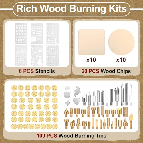 Lothee 136 Pieces Wood Burning Kit Wood Burning Tools Set Wood Burner Tips Adjustable Temperature Pen Stencils with Wood Chips for Wood Burner DIY Embossing Carving Crafts - Image 3