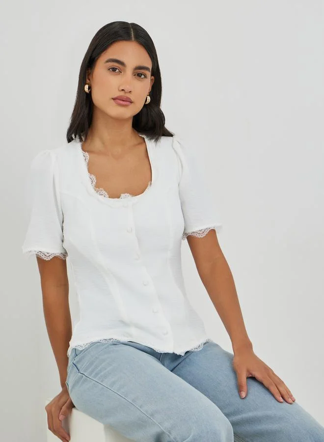 Styli Styli Cotton Lace Trim Square Neck Buttoned Blouse