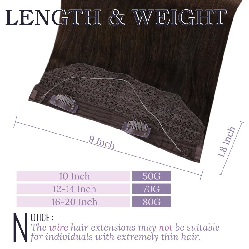 Fshine Invisible Wire Hair Extensions Real Human Hair 14 Inch Dark Brown Layered Hairpiece Clip in One Piece Straight Remy Hair with Adjustable Fish Line 70 G - Image 3