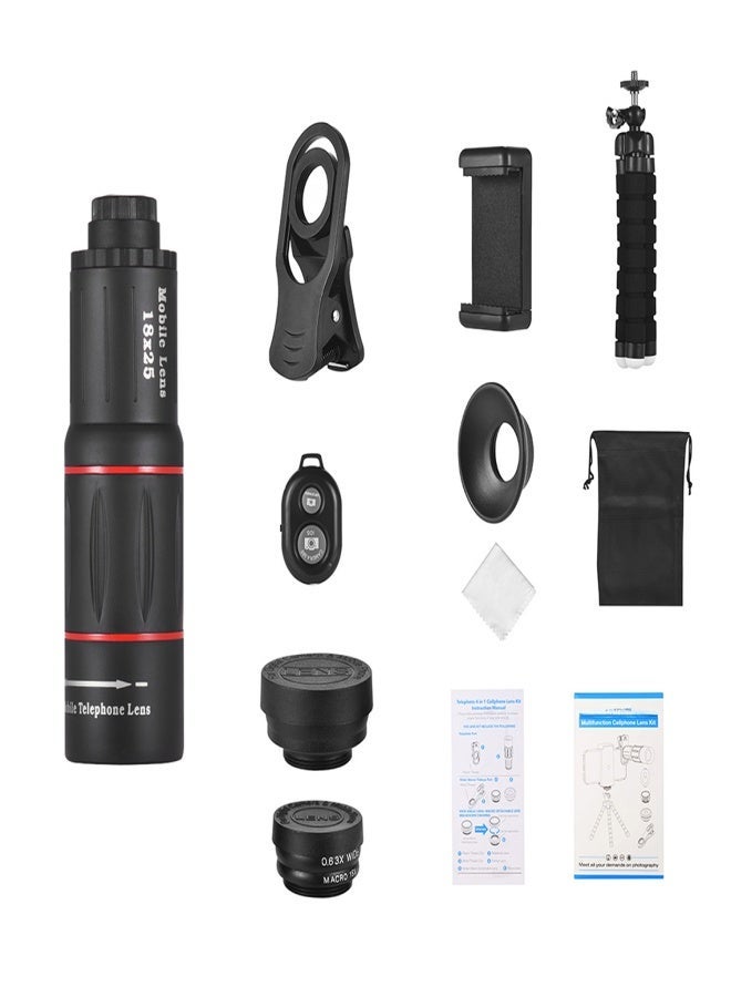 APEXEL APL-T18XBZJ5 Telephoto 4 in 1 Cellphone Lens Universal Kit 18X Mobile Phone Telephoto Lens 198° Fisheye Lens 0.63X Wide Angle 15X Macro Lens with Remote Shutter Mini Tripod Phone Holder for iPhone Samsung Huawei Xiaomi Most  Smartphones - Image 1