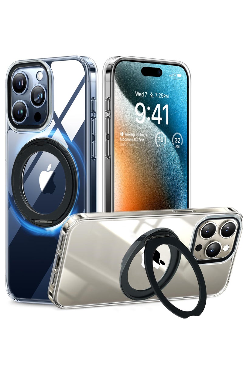Aztech خاتم مغناطيسي فضي قابل للدوران 360° SuperSnap لحافظة iPhone 14 Pro، مناسب لـ MagSafe مع حامل وكوع، ظهر شفاف مقاوم للصدمات بمعيار عسكري 16FT لـ iPhone 14 Pro