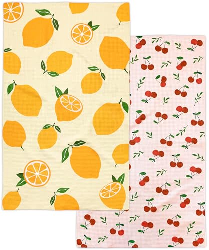 Eulnars Kitchen Towels 18 x 30 Dish Towels Microfiber Tea Towels for Kitchen Drying Superior Absorbency Lemon Cherry Series 2Pack - Image 1