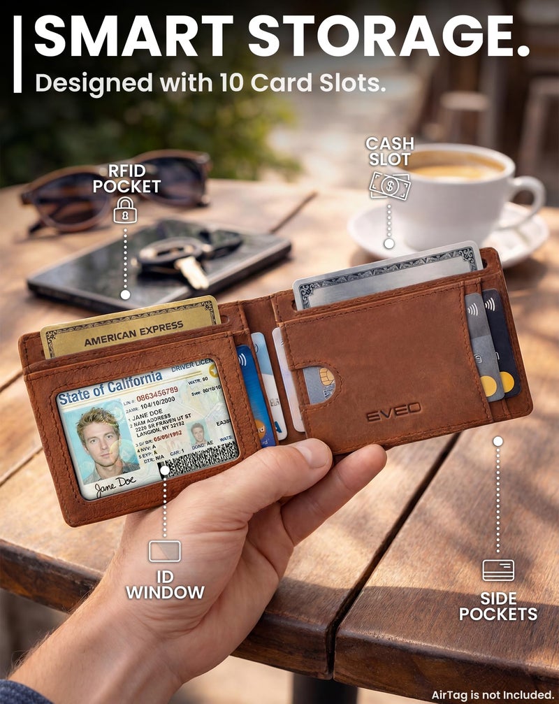 EVEO AirTag Wallet Men - Bifold Genuine Leather Wallets for Men, Air Tag Wallet With AirTag Holder, Smart Wallet for Mens Minimalist Wallet | Money Slot,10 Cards, AirTag Not Included* - Vintage Brown - Image 4