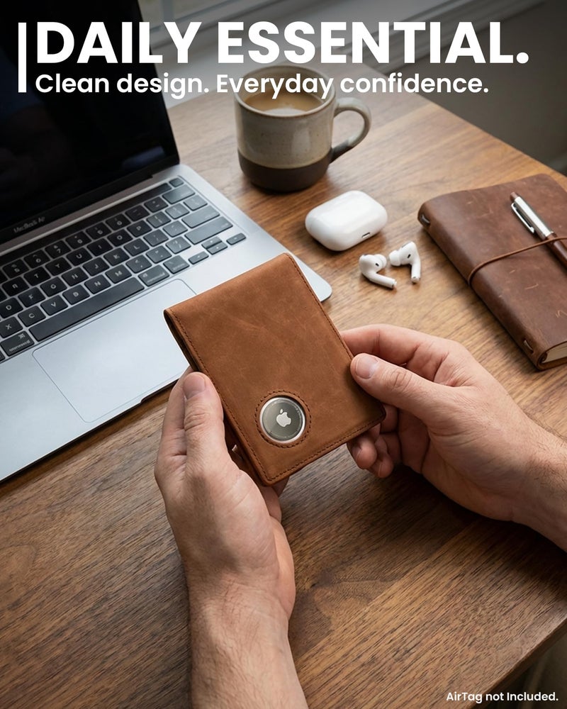 EVEO AirTag Wallet Men - Bifold Genuine Leather Wallets for Men, Air Tag Wallet With AirTag Holder, Smart Wallet for Mens Minimalist Wallet | Money Slot,10 Cards, AirTag Not Included* - Vintage Brown - Image 3