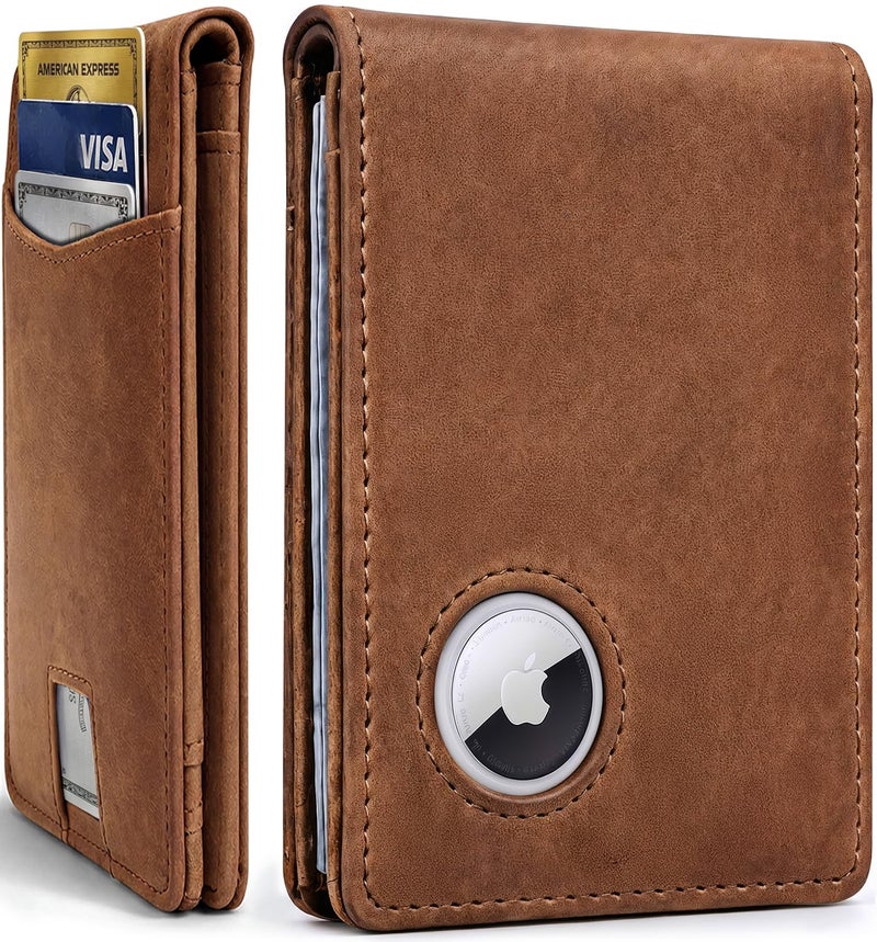 EVEO AirTag Wallet Men - Bifold Genuine Leather Wallets for Men, Air Tag Wallet With AirTag Holder, Smart Wallet for Mens Minimalist Wallet | Money Slot,10 Cards, AirTag Not Included* - Vintage Brown - Image 1