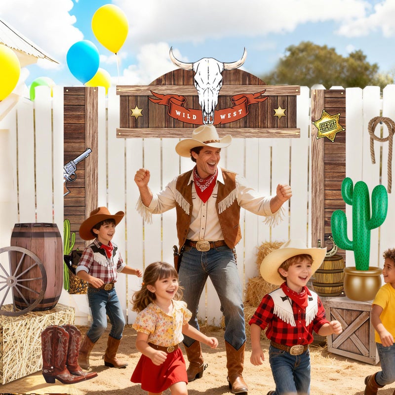 Fasouna Western Party Decorations, 10Pcs Cowboy Rodeo Theme Wild West Trunk or Treat Car Decor Kit with Inflatable Cactus Props, Backdrop Banner, Hay Bales & Wagon Wheel Saloon Supplies - Image 5
