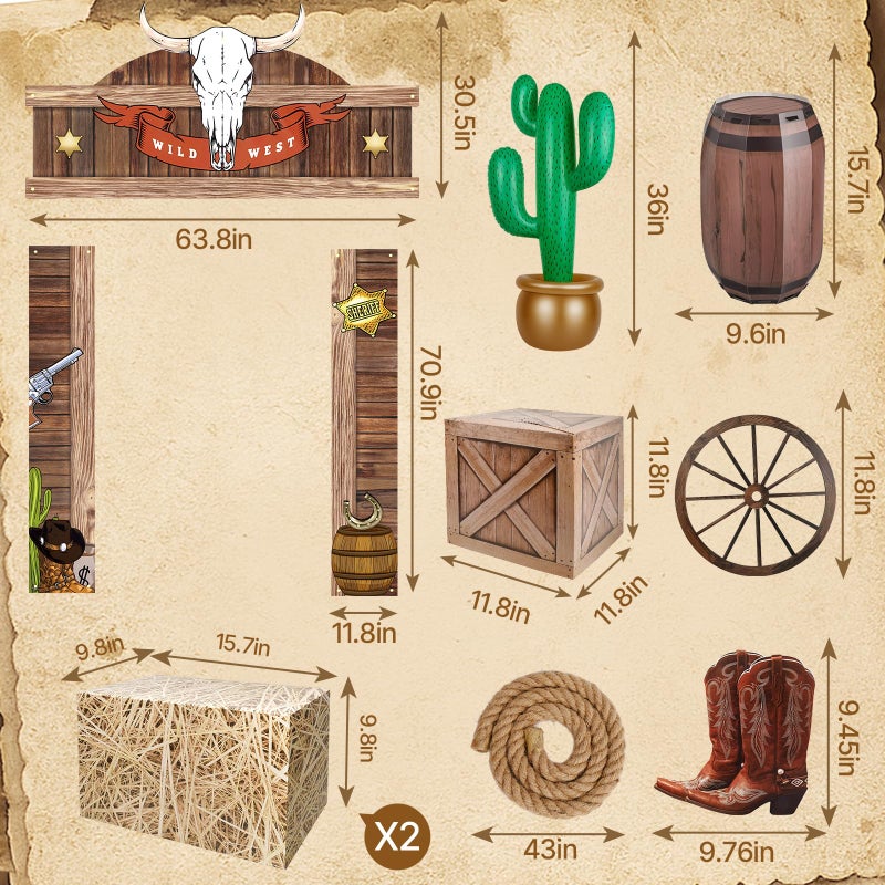 Fasouna Western Party Decorations, 10Pcs Cowboy Rodeo Theme Wild West Trunk or Treat Car Decor Kit with Inflatable Cactus Props, Backdrop Banner, Hay Bales & Wagon Wheel Saloon Supplies - Image 2