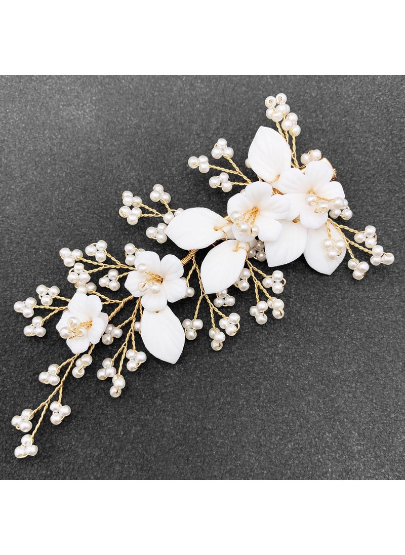 BETITETO BETITETO White Bridal Hair Clip Wedding Pearl Ceramic Flower Leaf Hair Piece Accessories for Women Girls 